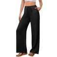 thumbnail image 2 of Womens Palazzo Pants Casual Drawstring Flowy Pants Wide Leg Summer Beach Linen Trousers with Pockets Black M, 2 of 5