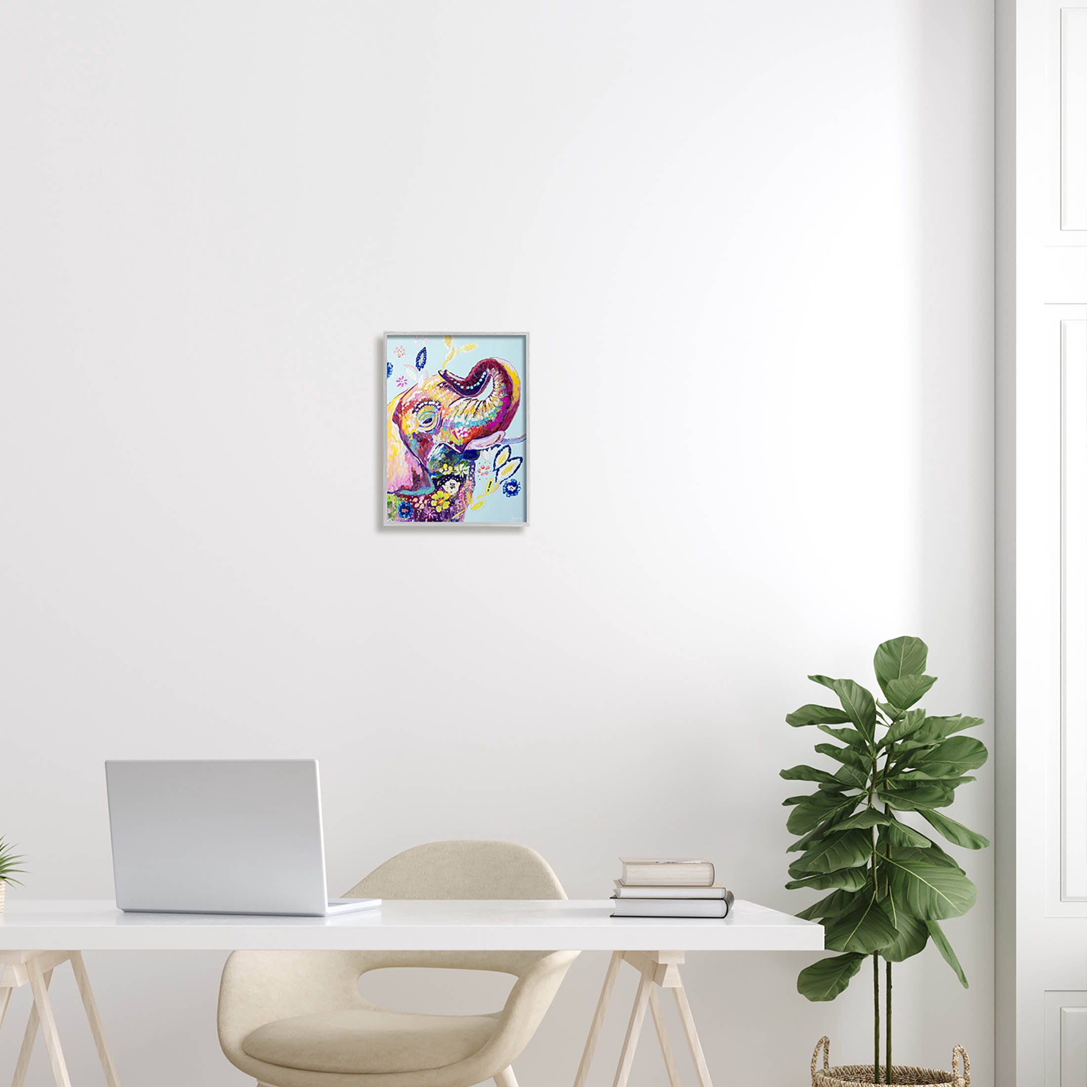 Floral Pattern Fun Elephant Animals & Insects Painting Gray Framed Art Print Wall Art