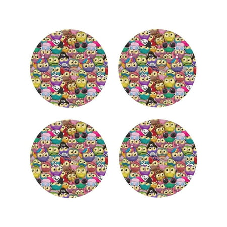 

Fuzoiu Cute Cartoon Owls Print Leather Coasters Set Drink Coasters Set of 4 for Tabletop Protection Durable PVC Coasters Home Décor and Housewarming Gift-Round Shape