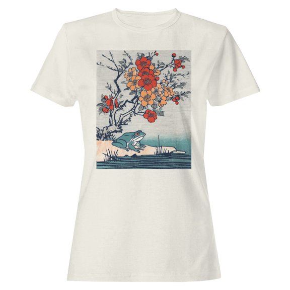 Smartprints Japanese Frog & Plum Blossom Art Women's T-Shirt Off White, Cotton, S