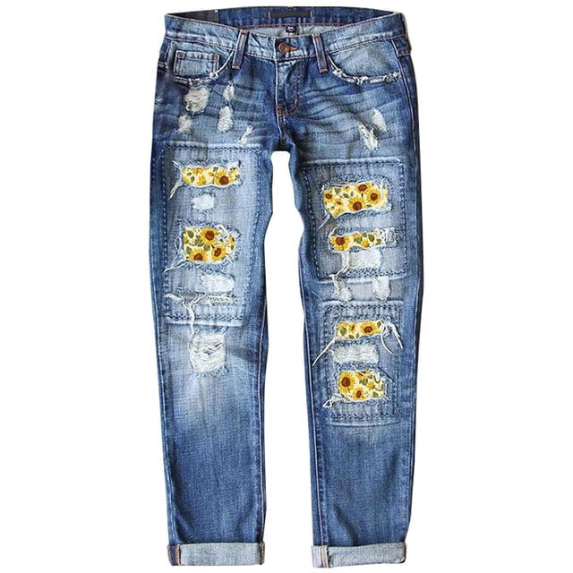 Gibobby Pantalones para mujer Pantalones de mezclilla para mujer Pantalones de pierna recta Pantalones rectos de cintura media con estampado rasgado de girasol(A,M)