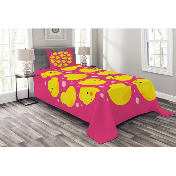 Rubber Duck Bedspread Set Twin Size, Fun Baby Duckies Circle Artsy
