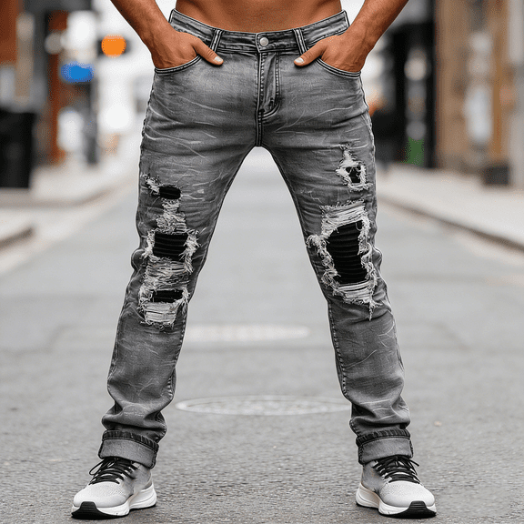 Men's Gray Distressed Straight Leg Stretch Jeans: Ripped Patch Denim | Comfort Flex Fabric, Standard Sizing (30-40)