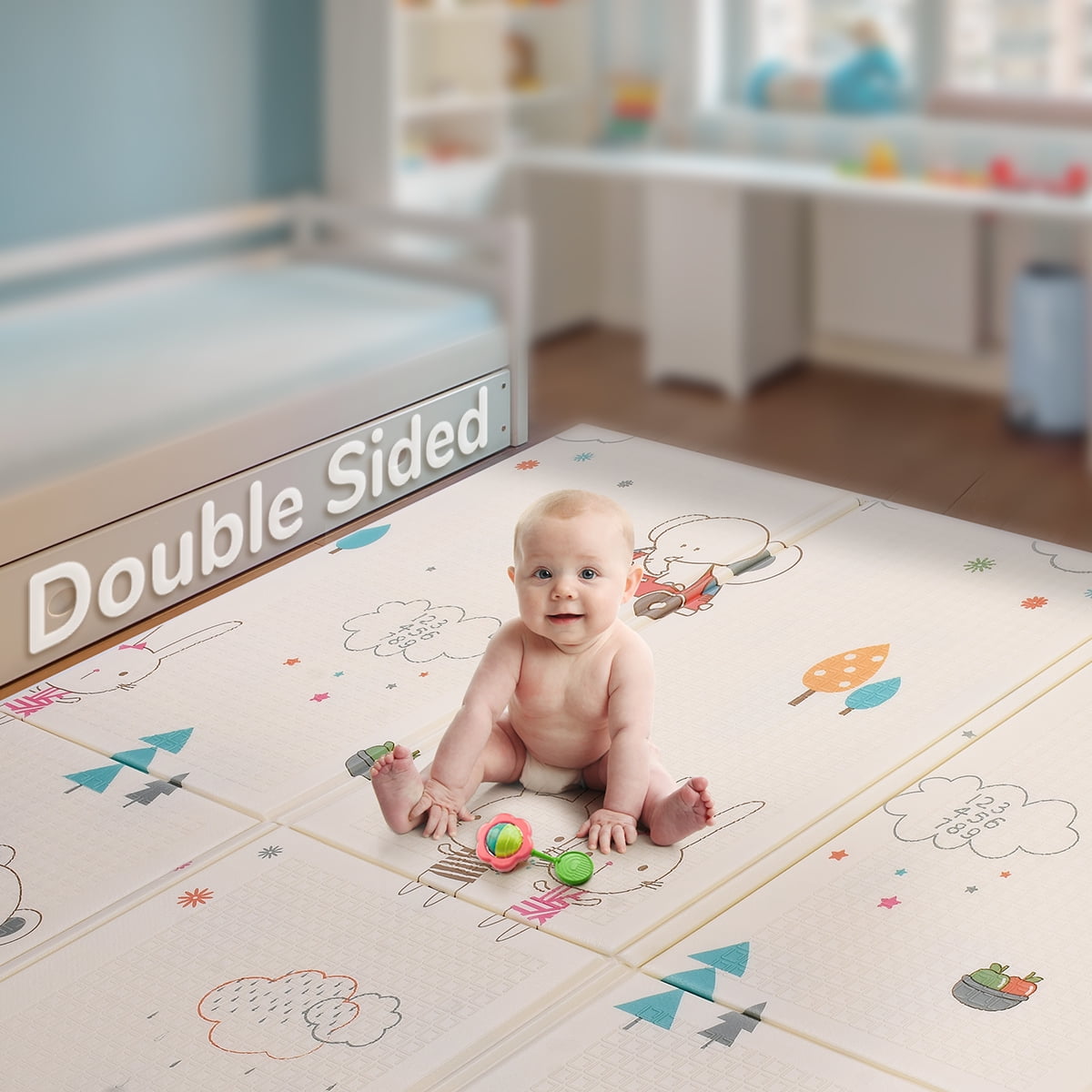 Interlocking Foam Floor Tiles Kids,Anti-Slip Stitching Baby Crawling Mat 0.4inch Baby Play Mat with Fence 