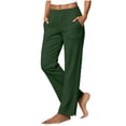 thumbnail image 2 of Women Elastic Waist Cotton Linen Straight Leg Pants Split Button Hem Casual Pull On Trousers With Pockets 2XL, 2 of 6