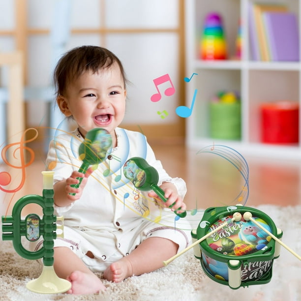 Juego de juguetes musicales para aprendizaje temprano | Tambor, sonajero y trompeta para bebés | Regalo seguro de plástico ABS para niños y niñas
