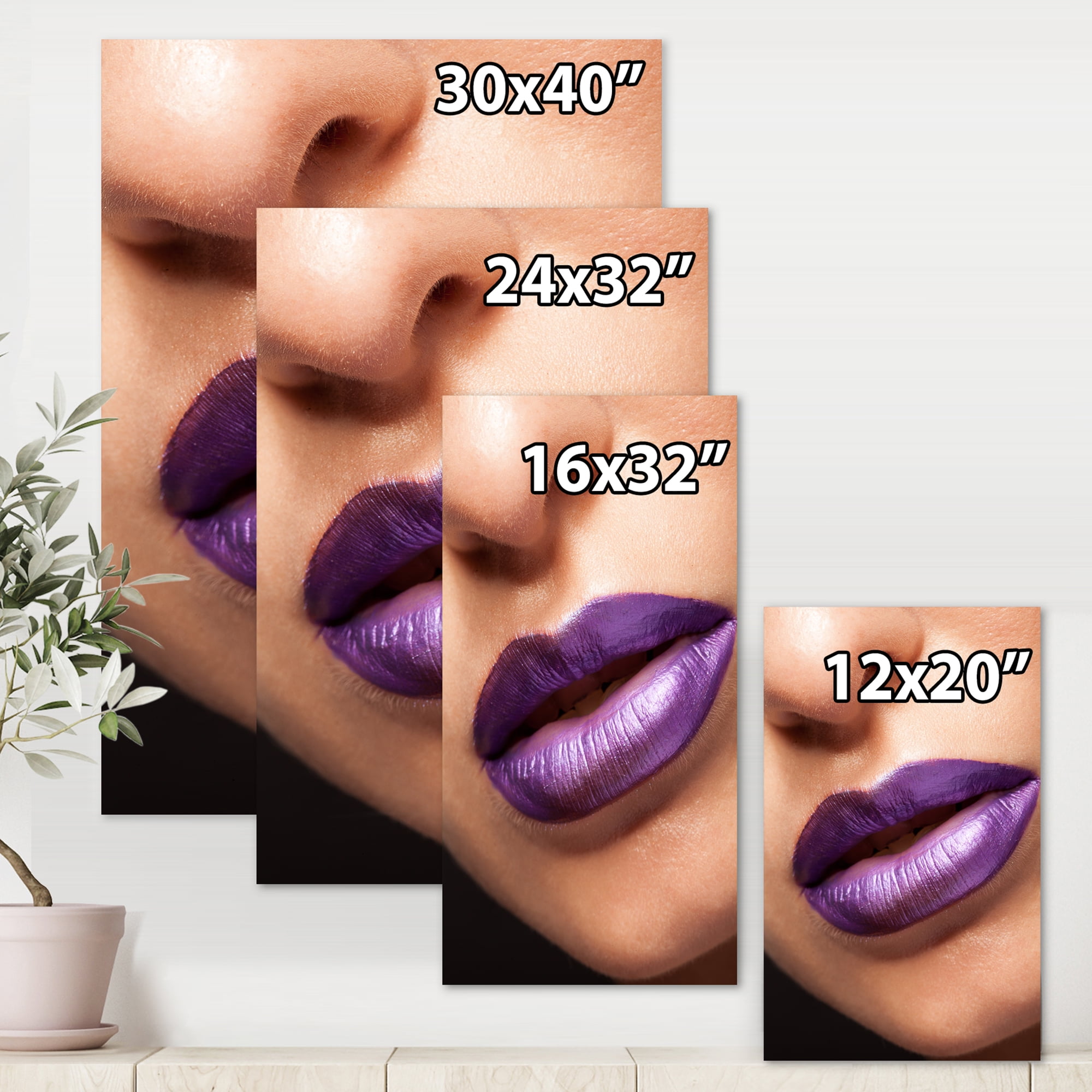 Designart ' Close Up View of Girl Lips With Purple Lipstick ' Modern Canvas Wall Art Print