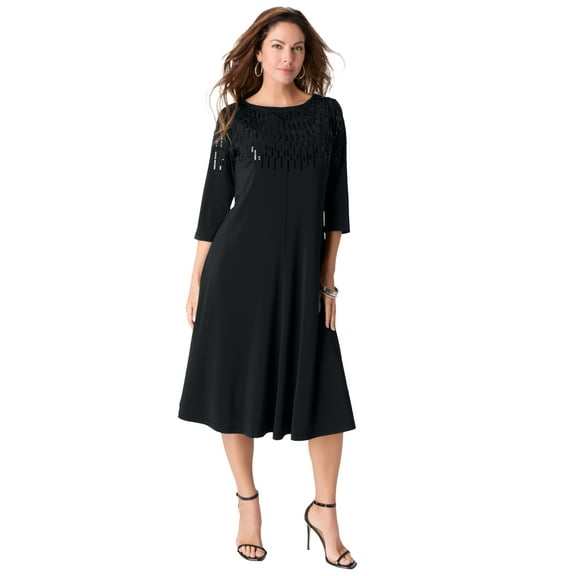 Roaman's Women's Plus Size 3/4 Sleeve Embellished Boatneck Dress