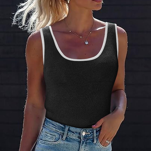 Fankiway Camisole top Womens Solid Contrasting Colors Refreshing Wicking Tank tops Summer Sleeveless Scoop Neck Ribbed Knit Color Block Basic Slim Fitted Cami Tee Shirts Womens tops Clearance