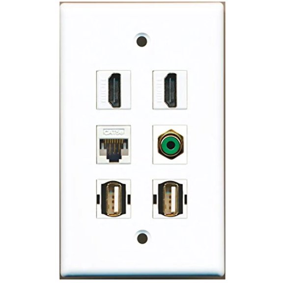 RiteAV - 2 HDMI 1 Port RCA Green 2 Port USB A-A 1 Port Cat5e Ethernet White Wall Plate