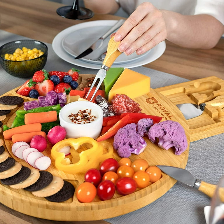 Large Round Cheese Board and Knife Set - Charcuterie Board, Bamboo Cheese Board Set, Cheese Platter Board, Cheese Tray Set, Cheese Cutting Board Set