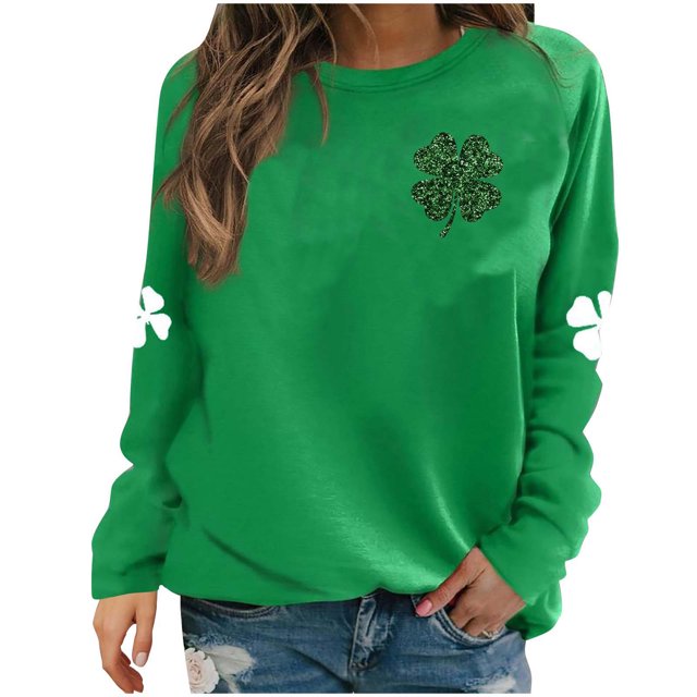Besolor Chandails pour Femmes de la Saint-Patrick Col Rond Trèfle Manches Longues Hauts Décontractés Amples T-Shirts Graphiques