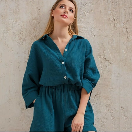 

Casual Sleepwear Cotton Pajamas For Women Sets Suit Turn-Down Collar Nine Quarter Sleeve Sleep Tops Shorts Female Homewear