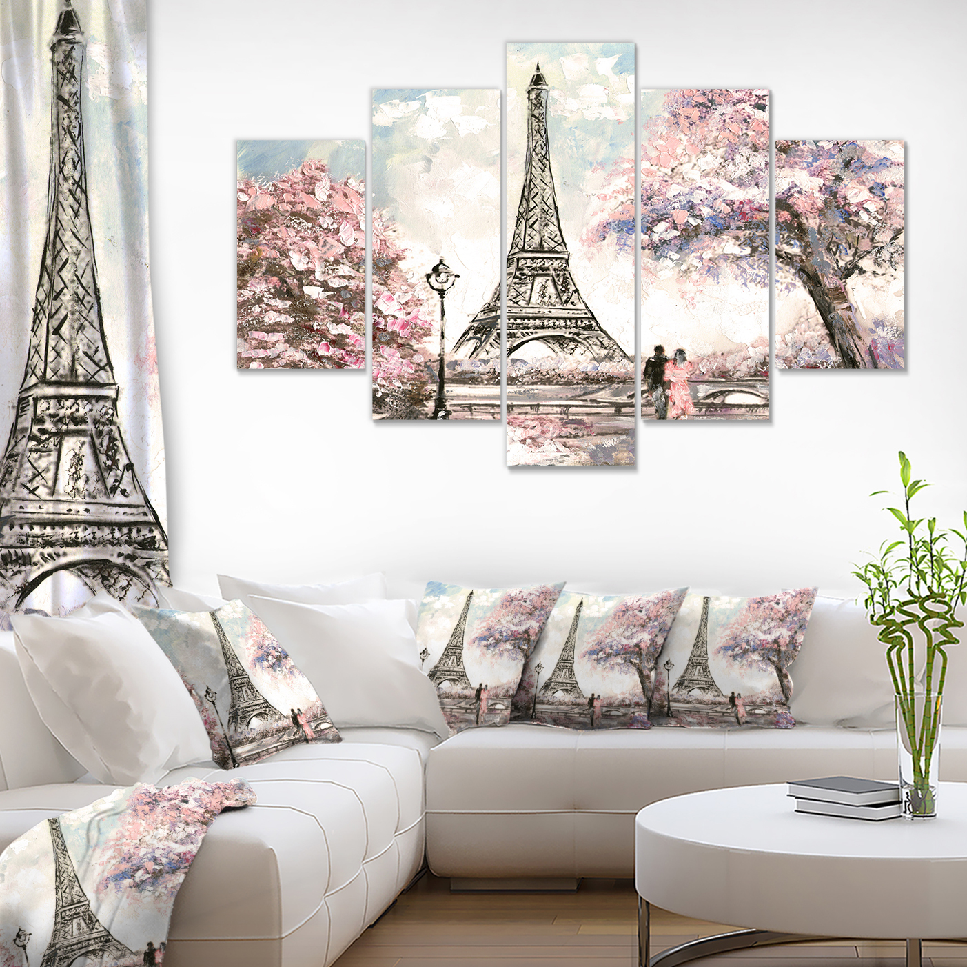 Designart 'Eiffel with Pink Flowers ' Landscape Canvas Art Print