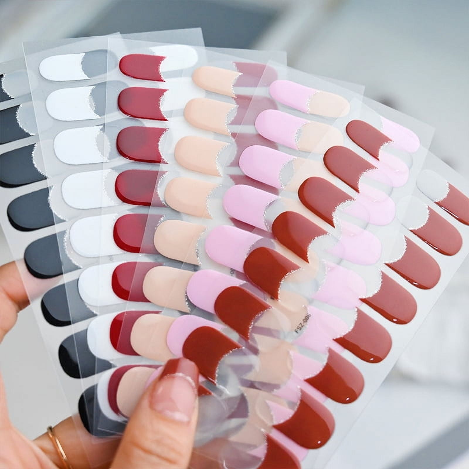16Tips Semi-Cured Gel Nail Sticker Pure Color UV/LED Lamp Gel Nail Polish Wraps Long-Lasting Full Cover Gel Sticker Nail Decor # #