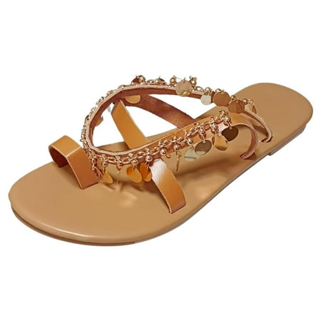 

CLZOUD Beach Platform Sandals Brown Women s Summer Fashion Vintage Chain Sequins Beaded Set Toe Beach Comfortable Set Toe Casual Large Size Flat Sandals 42