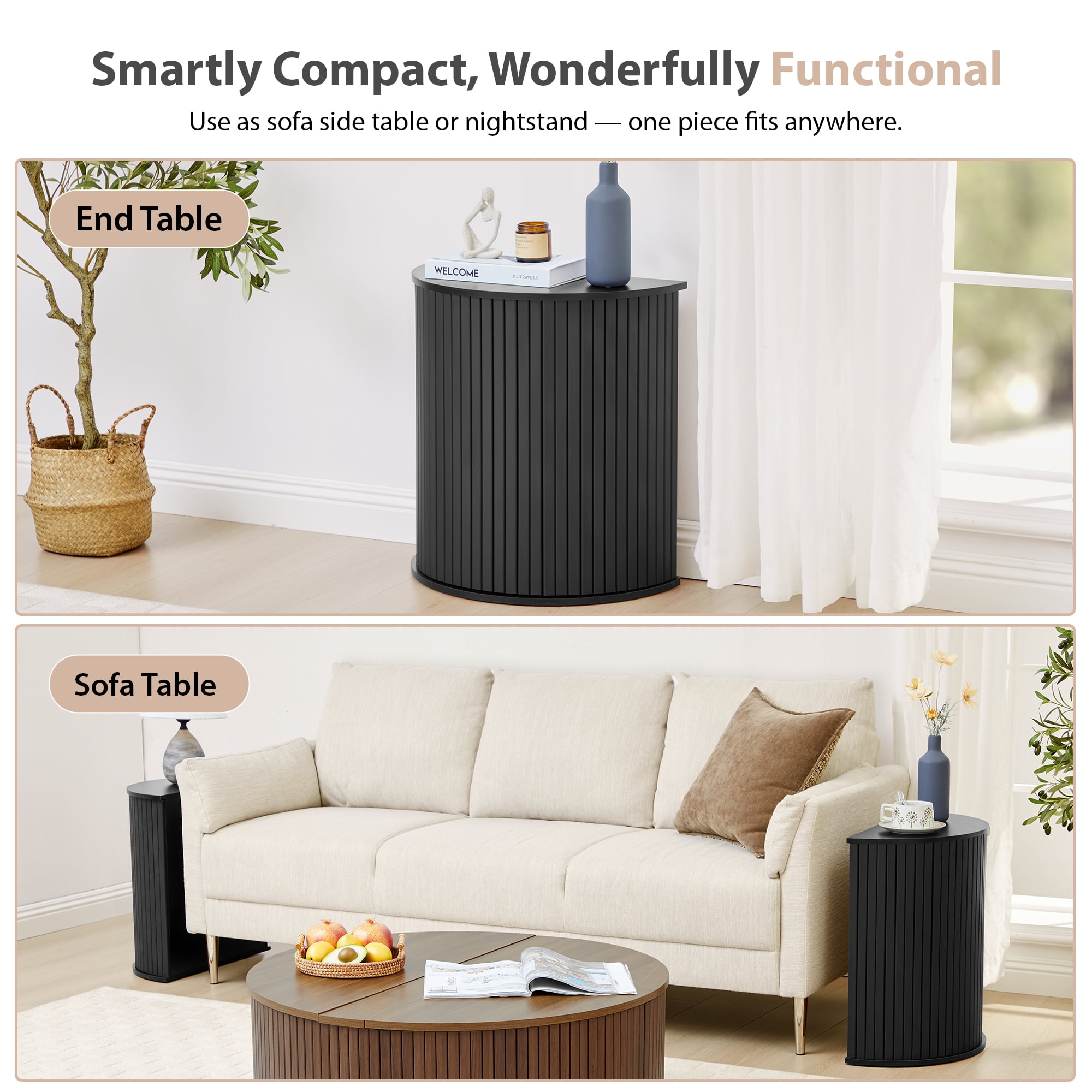 Wirrytor Semi-circle Side Table for living room set of 2, Fluted End Table for Small Spaces,Modern Small Accent Tables, Bedside Table, Couch Side Table, Nightstand for Bedroom Couch,Black