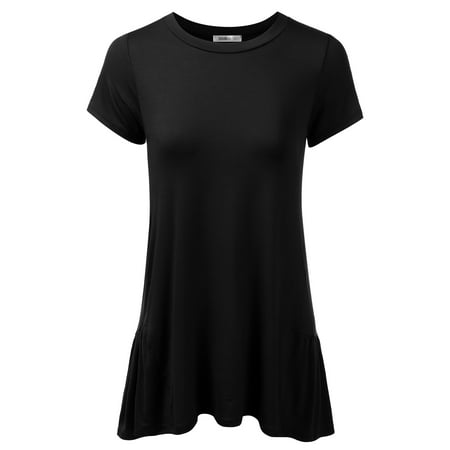 Black Uneven Hem Dress - Doublju Womens Short Sleeve Loose Fit Tunic Dress with Ruffle Hem With Plus Size BLACK S