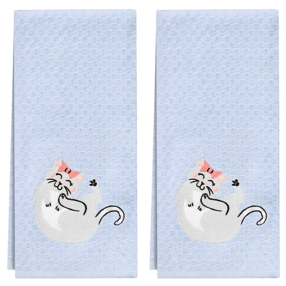 RITZ 100% Cotton Spring Hand Towels, Set of 2, Cat Skyway Blue