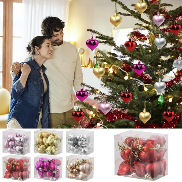 Set de adornos de corazón de San Valentín 12 piezas | Decoraciones colgantes de PVC mate y brillante | Adornos románticos rojos para el árbol de Navidad, barandillas de escalera, nudos de cortina
