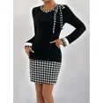 thumbnail image 3 of OYYN Dresses for Women Fashion Black Houndstooth Patchwork Long Sleeve Bodycon Mini Dress Elegant Tie Neck Sheath Dress for Office Work Date Night, 3 of 7