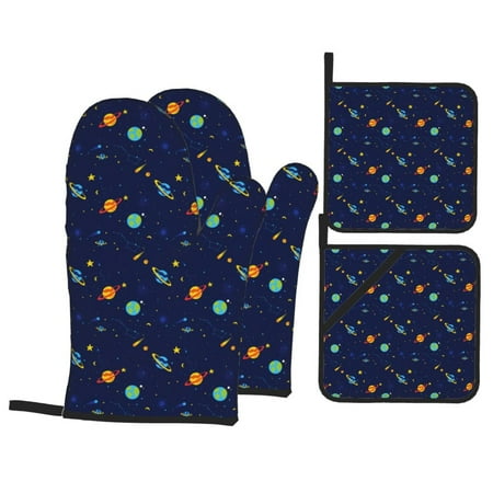 

Oven Mitts and Pot Holders Sets 4 pcs - Space Galaxy Heat Resistant Silicone Oven Gloves with Non-Slip Silicone Surface and hot pads for kitchen Baking Cooking BBQ