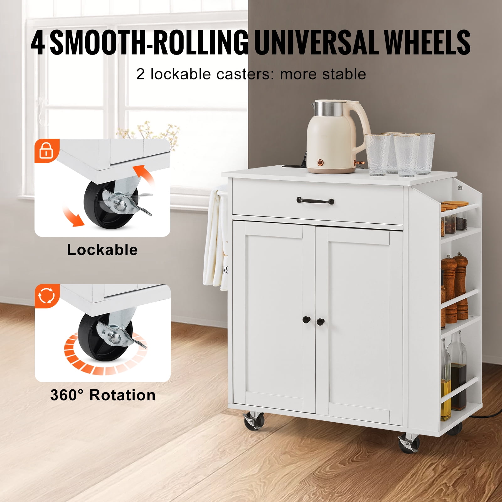 KFFKFF Rolling Kitchen Island Cart, 32" Kitchen Storage Cart with Countertop and Drawer, Movable Table featuring Power Socket, Herb Holder, Towel Hanger, Modifiable Shelf, Drawer,Wheel-Mounted, White