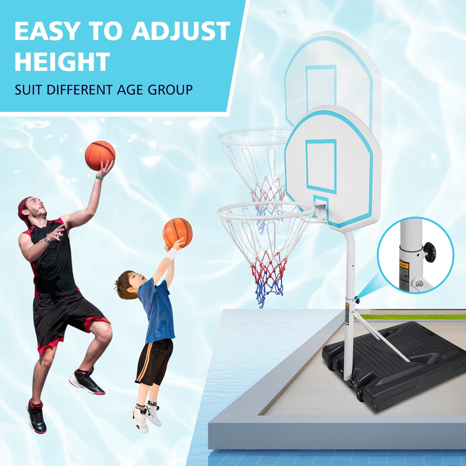 Pool Basketball Stand, Portable Basketball Goal for Pool with Wheels, Kids Junior Adults Basketball Stand Water Game, Poolside Mini Hoop Adjustable Height 2.9-3.9ft, Max 7# Ball, Black
