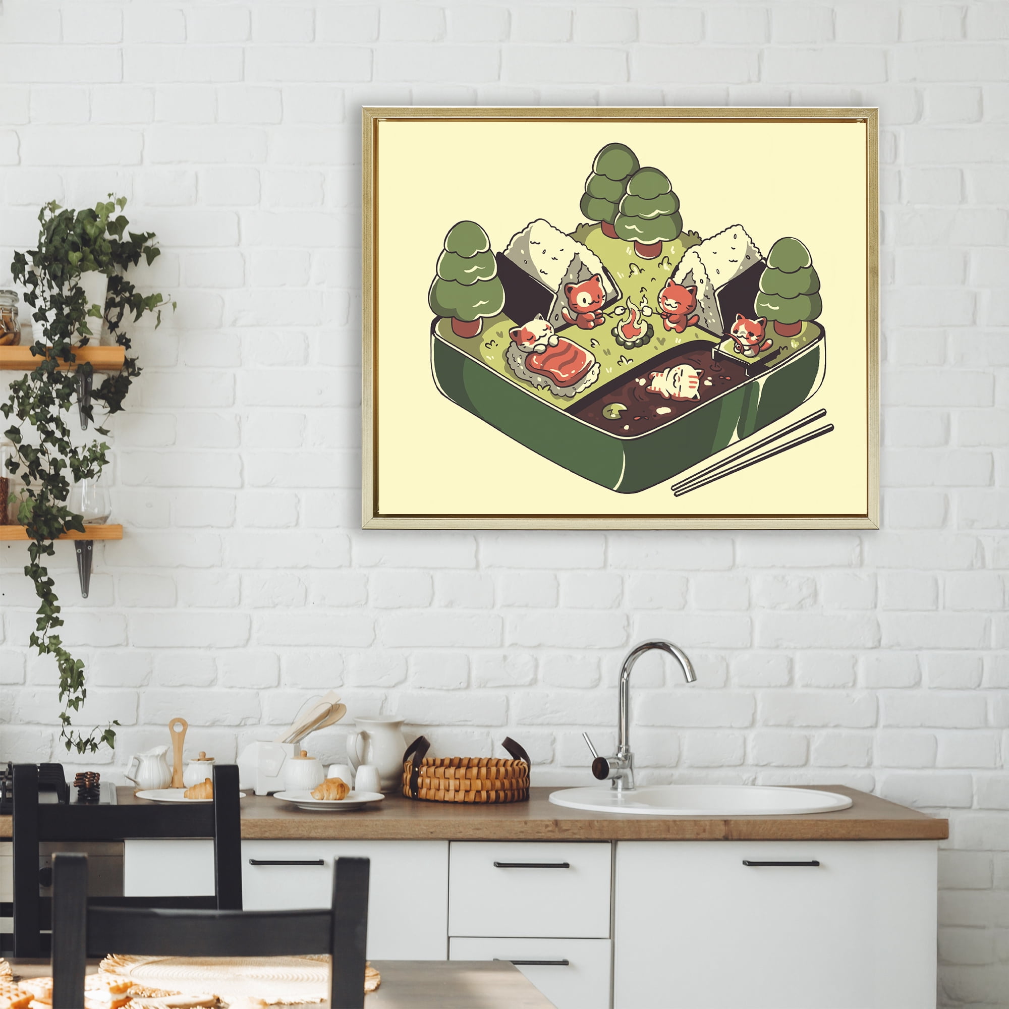 Stupell Industries Kawaii Sushi Camp Bento Gold Framed Floater Canvas Wall Art, design by Tobe Fonseca