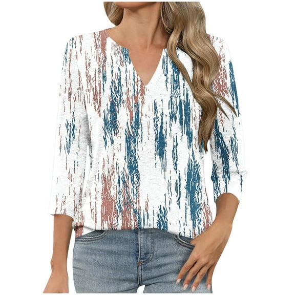 CYMMPU Women's Summer Fall Trendy Tunic Tops Shirts Business Work Blouses to Wear with Leggings V-Neck Elegant Blouse Casual Floral Printed 3/4 Length Sleeve 2025 Clothes White S