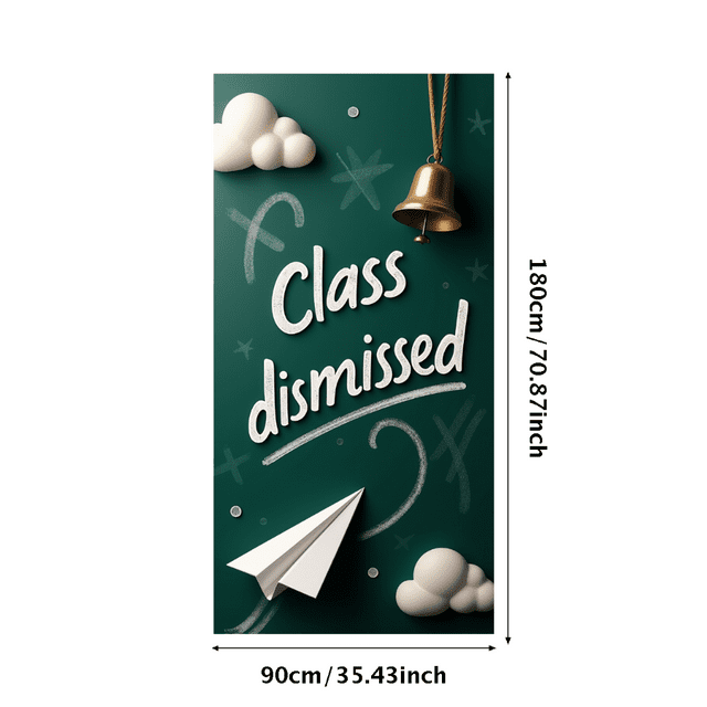 Chalkboard Style Class Dismissed Banner with Clouds Paper Plane and Bell Backdrop Party Decorations for School Events Graduation Celebrations End of Semester Parties and Classroom Decor