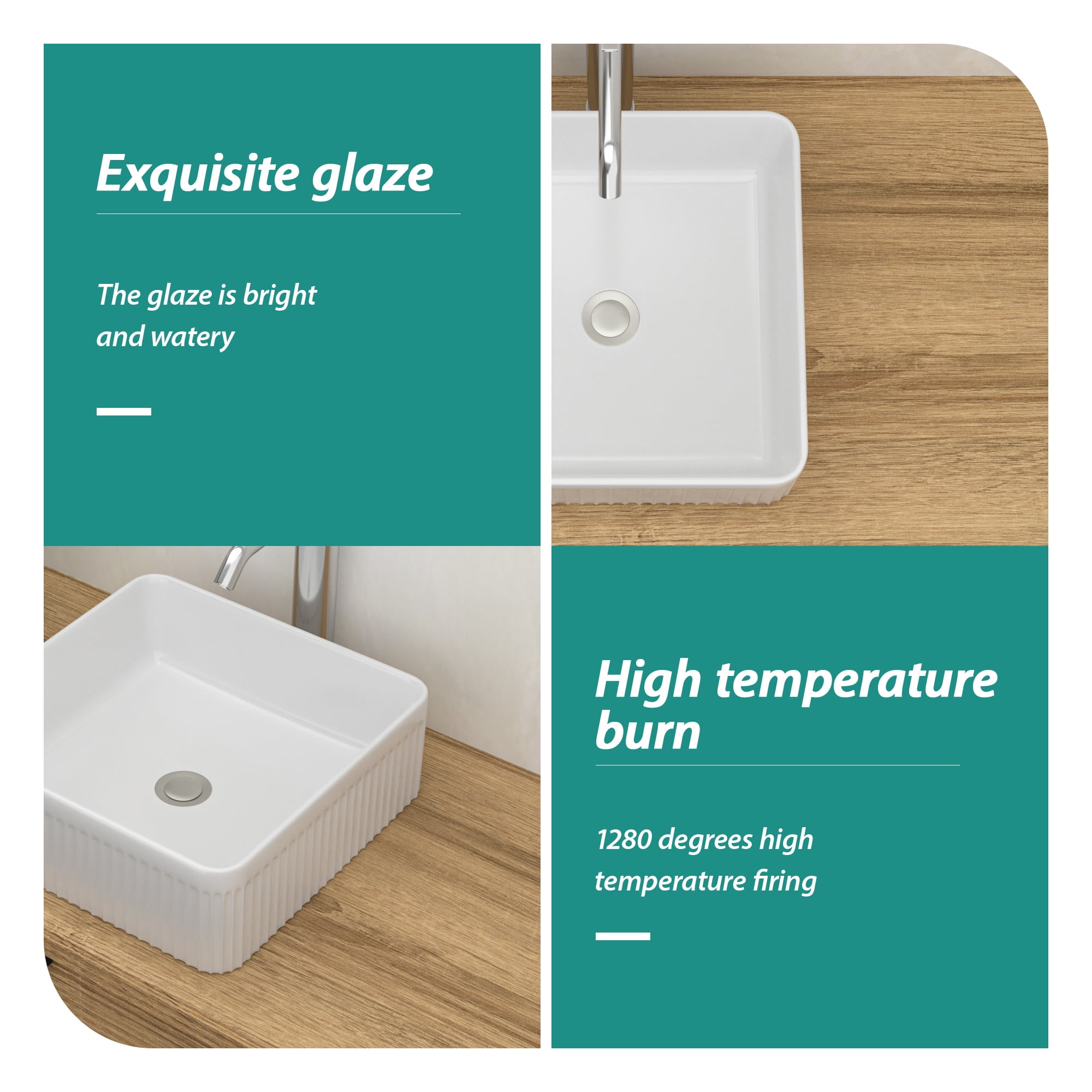15.69"×15.69"×5.13" White Ceramic Rectangular Countertop Bathroom Sink