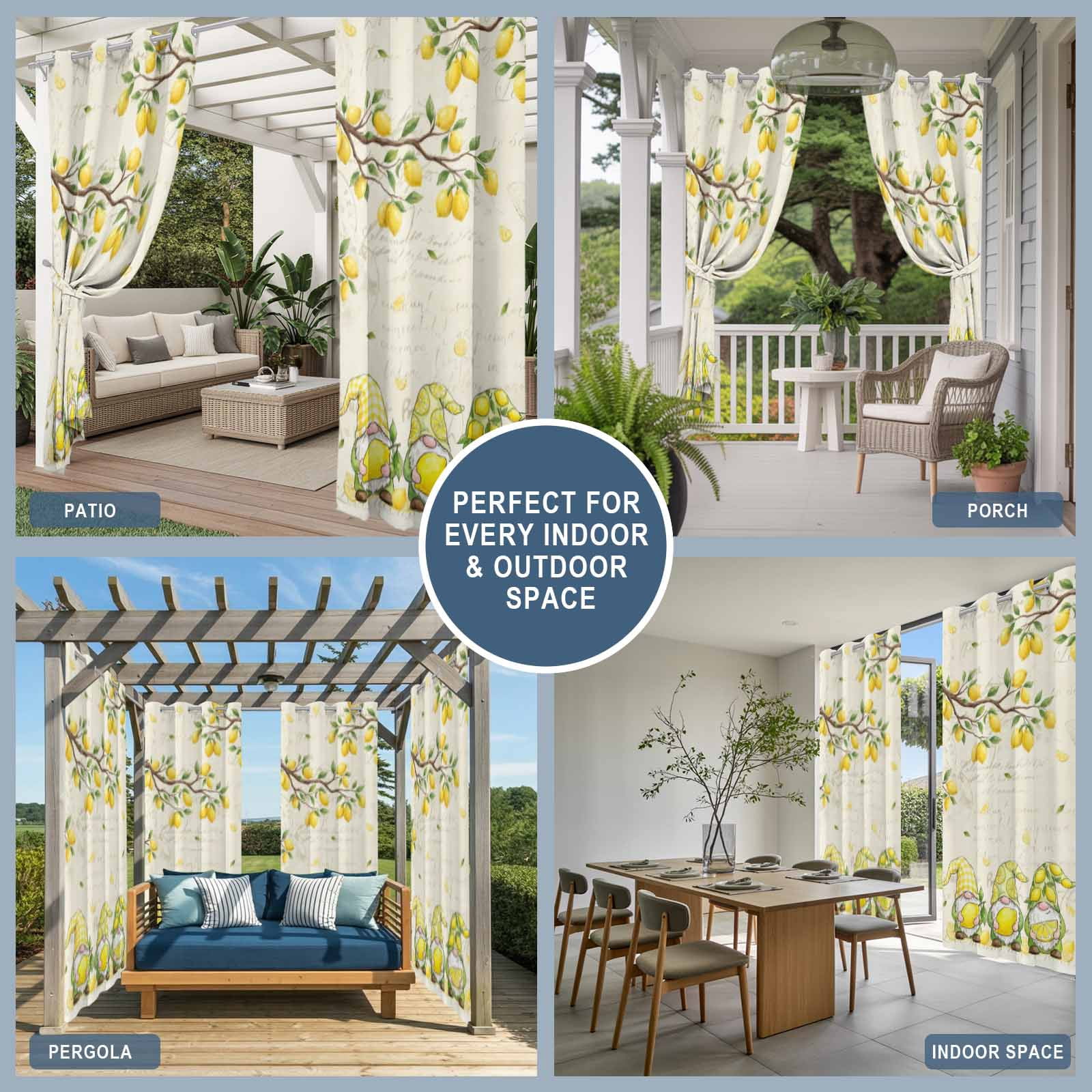 Outdoor Curtains for Patio Waterproof, Lemon Gnomes Windproof Pravicy Outside Porch Blackout Curtain, Summer Tropical Lemon Fruits Farmhouse Sun Blocking Grommets Curtains 2 Panels 54"x108"