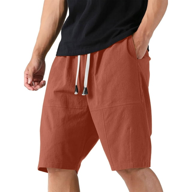 YUGYXL Mens Cotton Linen Shorts Drawstring Loose Golf Shorts with Pockets Summer Training Straight Shorts Red M