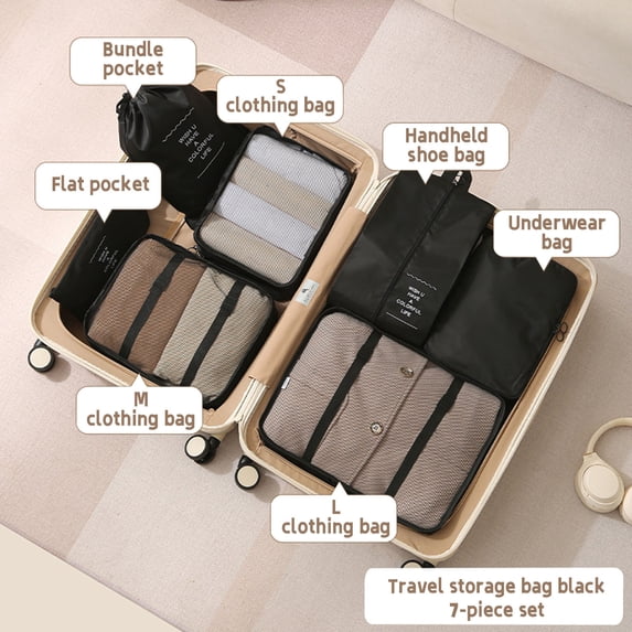 7-Piece Travel Storage Bag Set Luggage Organizer with Garment Bags Shoe Bag Polyester Packing Cubes for Suitcase - Sky Blue