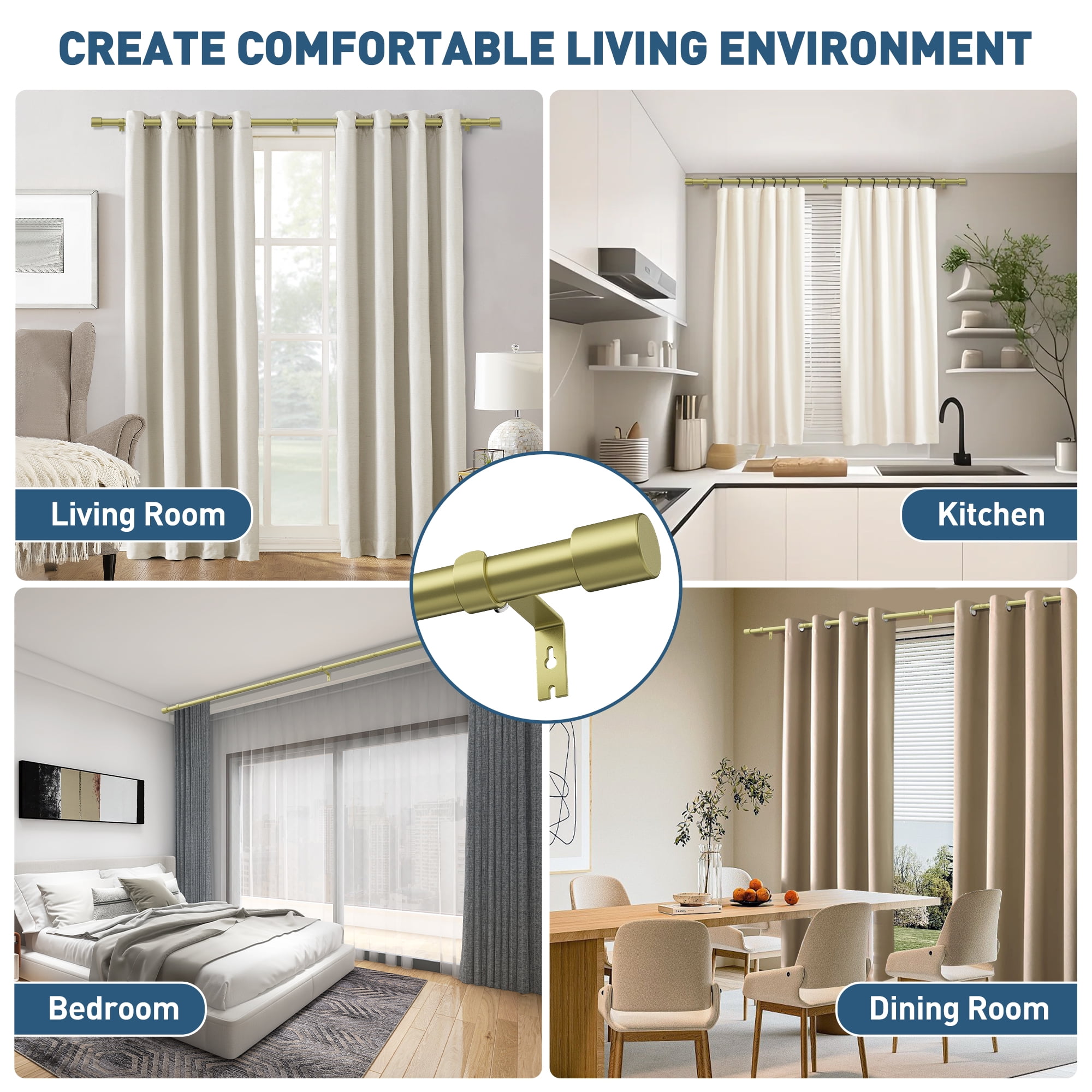 Gold Curtain Rods for Windows 48 to 144 inches, Adjustable Length Curtain Rod with Metal Finials, 1 inch Diameter Heavy Duty Drapery Rod for Modern Decor Bedroom Kitchen Living Room