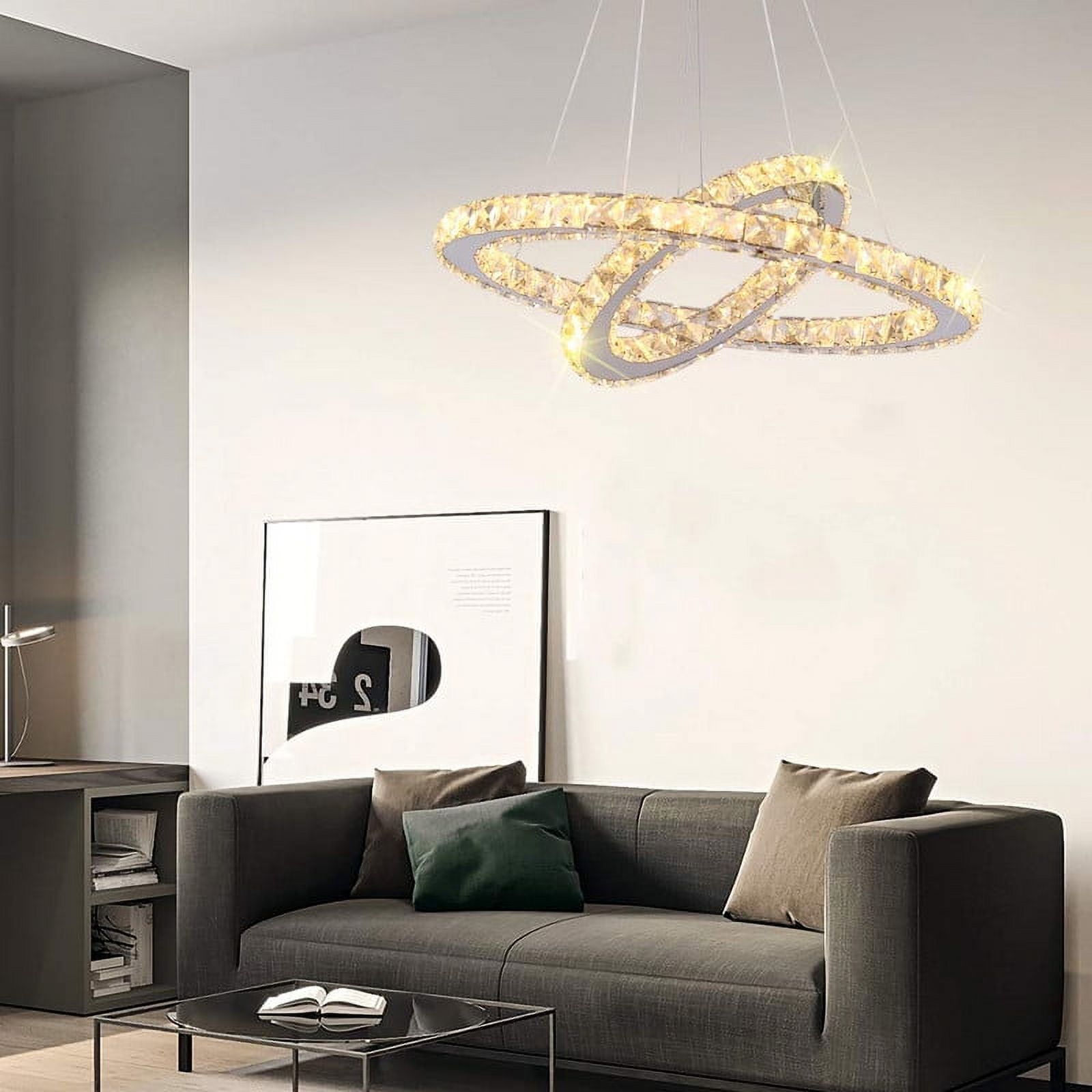 FRIXCHUR LED Chandelier Modern 2 Rings Pendant Light Adjustable Stainless Steel Crystal Ceiling Lighting Fixture for Bedroom Living Room Dining Room (Warm White)