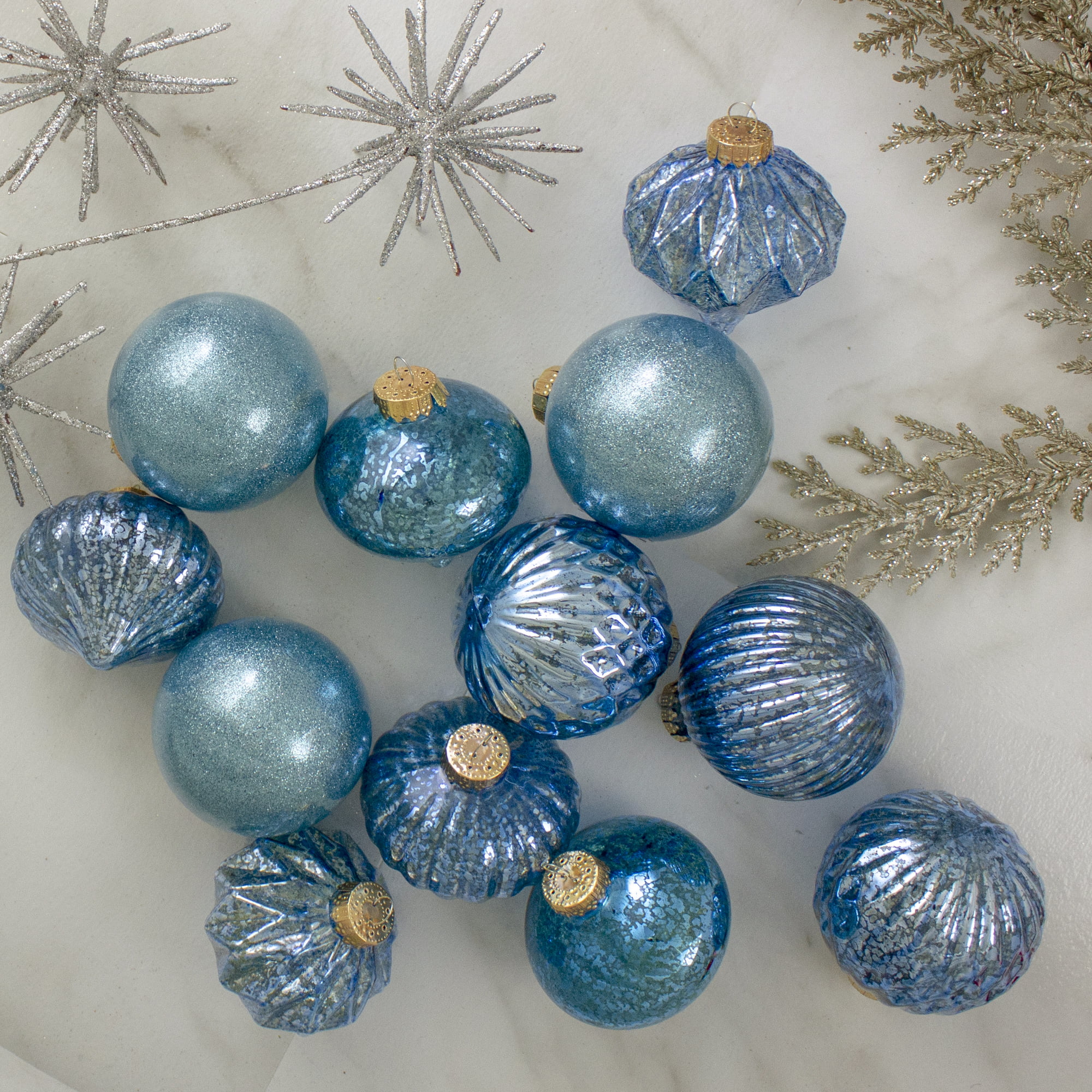 12ct Teal Blue 3-Finish Christmas Ornaments 3.75