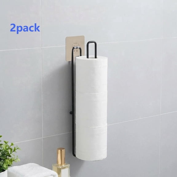 2 Pack Toilet Paper Holder Wall Mount for 3 Roll Tissue, Over The Tank Self Adhesive Black