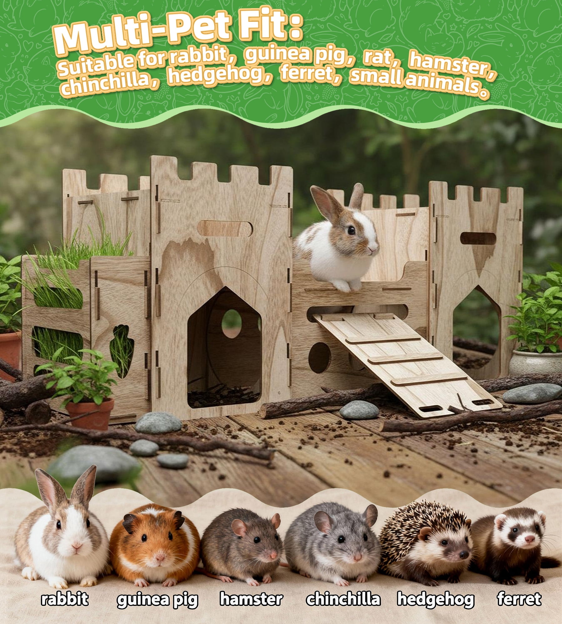 HIIMALEX Extra Large Bunny Castle with Hay Feeder Anti-slip Ramp Multistory Hideout House for Rabbit Guinea Pig Chinchilla Ferret (T1T)