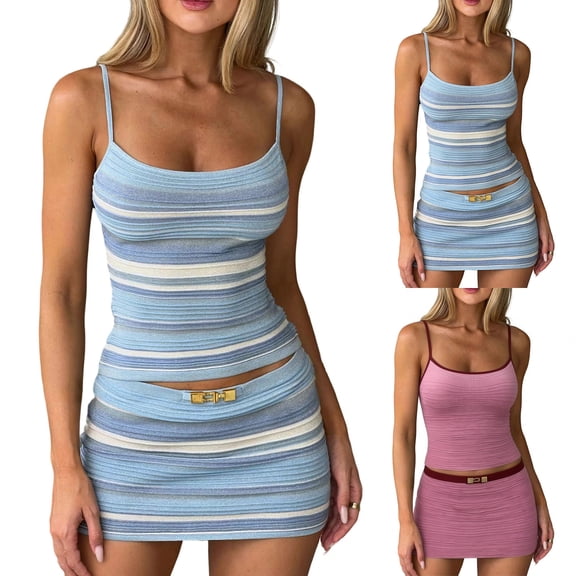 Tqcoqu Women 2 Piece Striped Mini Skirt Set Low Waist Bodycon Knit Cami Crop Top Y2k Going Out Party Beachwear,Pink,Women's S-L