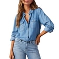 thumbnail image 2 of Women's Autumn Long Sleeve Denim Shirt, Solid Color Casual Lapel Single Breasted Button Down Blouse, Comfortable and Stylish Top for Fall Season Blue2 M, 2 of 5