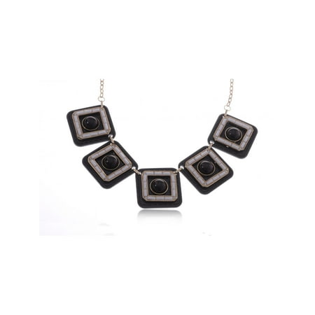 Retro Faux Leather Square Black Gem Rhinestone Adj Fashion Necklace Earring Set