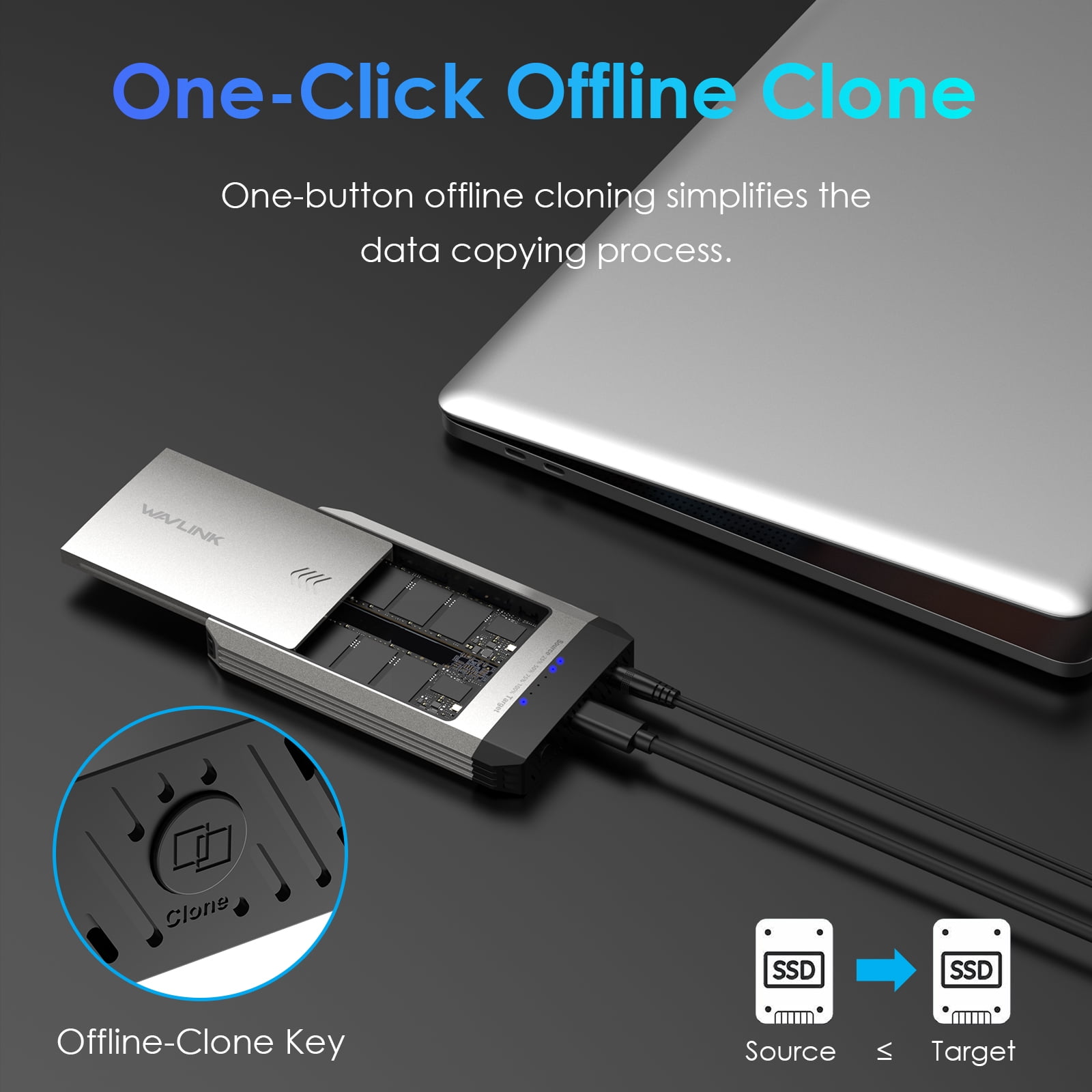 WAVLINK Hard Drives Enclosure, M.2 SSD Dual-Bay Duplicator, Compatible with NVMe and AHCI, One Click Offline Clone, 20Gbps USB-C(USB3.2 Gen 2x2), 8TB Expansion Storage(4TBx2)
