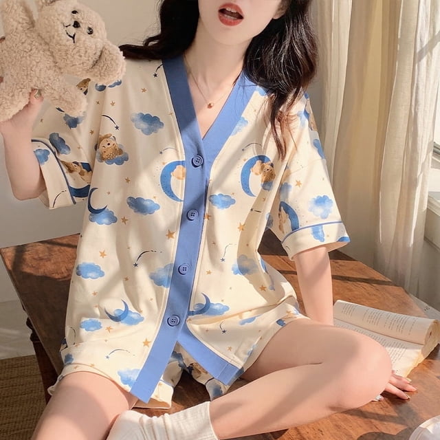 Pijamas de mujer de verano con dibujos animados de oso de luna dulce, pantalones cortos de manga corta, ropa para el hogar