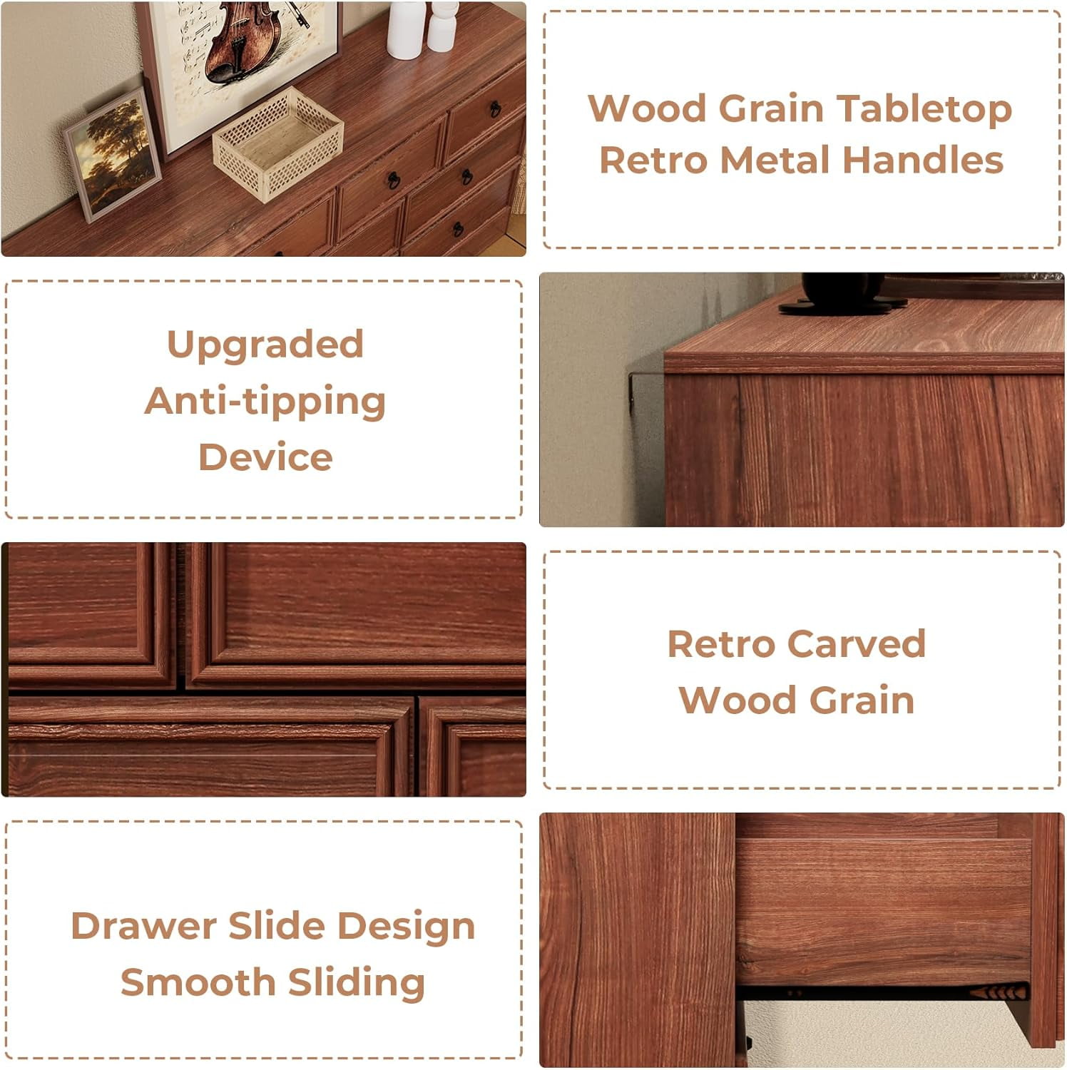 Meteorleg Farmhouse 10 Drawer Dresser for Bedroom – 63'' Long Dresser Wood Chest of Drawers,TV Stand for 75 inch TV, Storage Organizer Furniture, Hallway, Entryway, Closet, Cherry