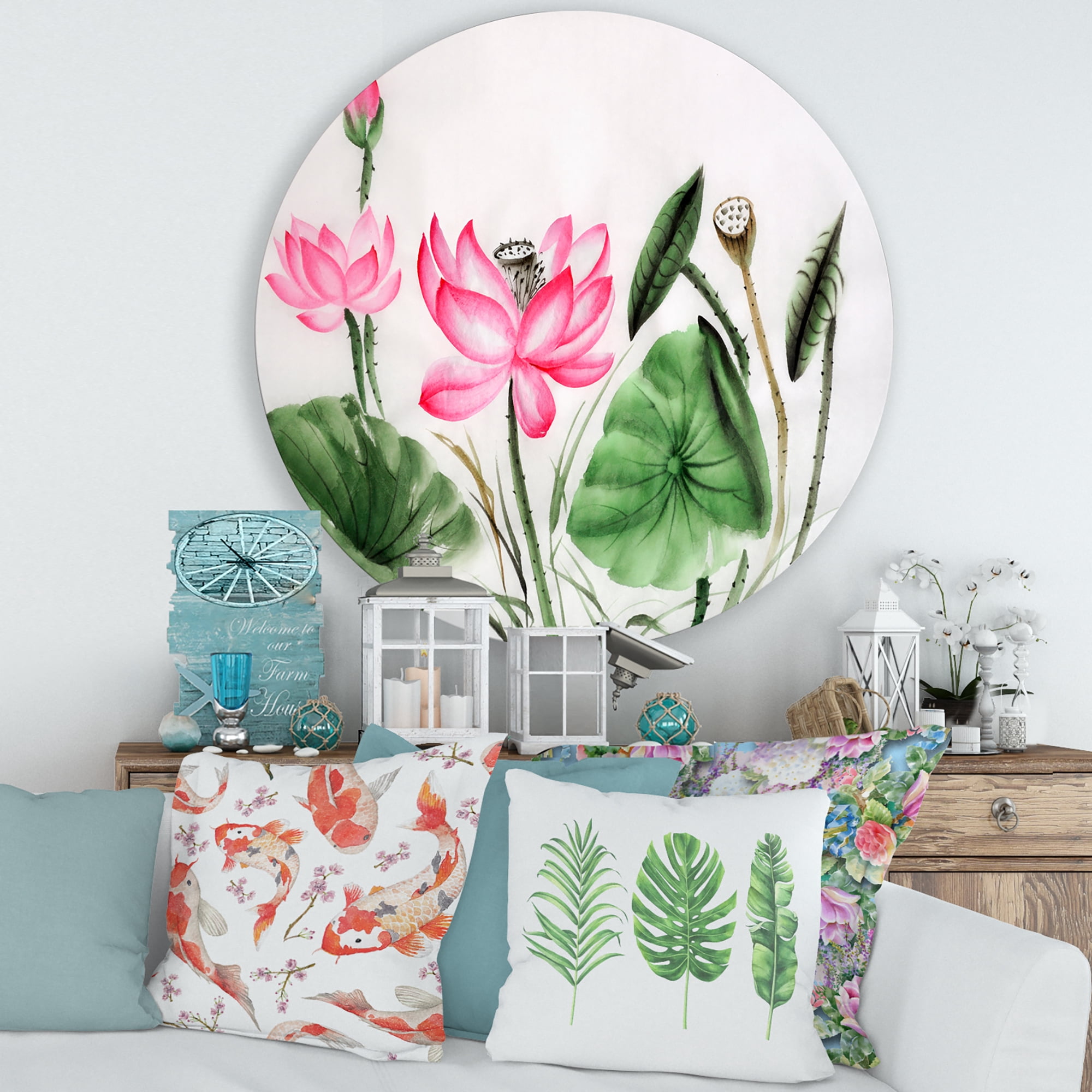 Designart 'Ancient Pink Lotuses In The Pond II' Traditional Circle Metal Wall Art 36x36 - Disc of 36