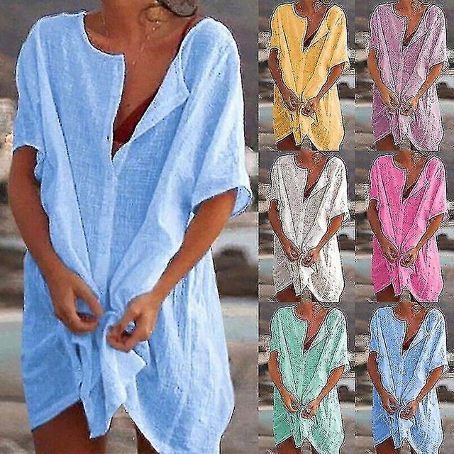 Women's Beach Cover-up Shirt Dress - Solid Color Tunic Tops For Summer Swimwear
