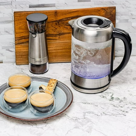 

Electric Glass Hot Water Kettle 1.7 Liter Blue LED Light Borosilicate Glass with ProntoFill Technology the Easy Fill Solution Bonus of Portable Reusable Pour Teapot Infuser Perfect for T