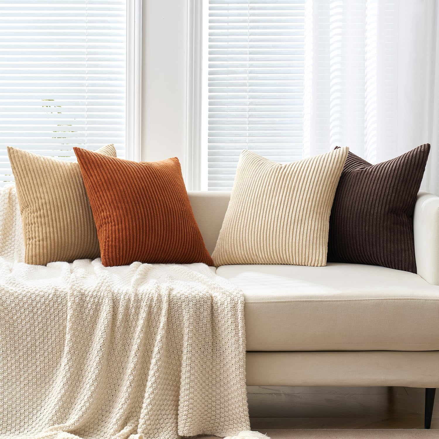 Boho Farmhouse Throw Pillow Covers 18x18 Inch Set Of 4 Rustic Mordern Neutral Cushion Soft Corduroy Nordic Home Decor For Couch Bed Sofa Living Room Chocolate Brown/rust